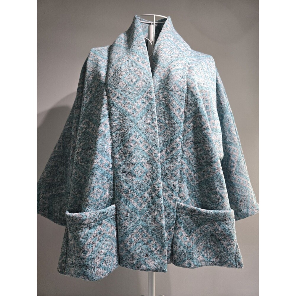 Vintage Handmade Bed Jacket Blazer Cardigan Large XL 3/4 Sleeves Heavy Aqua Gray